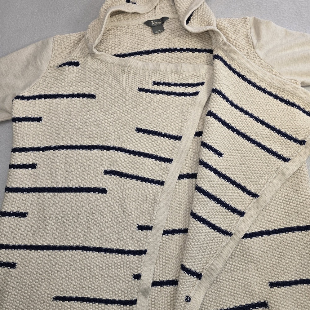 Natural Reflections Hooded Cardigan L Cream Blue Stripe Open Front Knit Boho.... - Picture 2 of 12